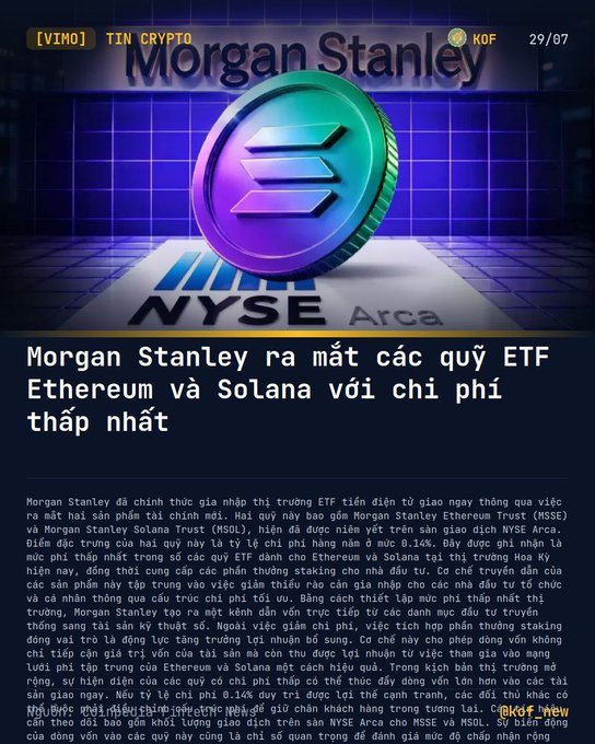 A Vietnamese-language news graphic from "TIN CRYPTO" announcing "Morgan Stanley ra mắt các quỳ ETF Ethereum và Solana với chi phí thấp nhất," featuring the Morgan Stanley and NYSE Arca logos with the Solana symbol.