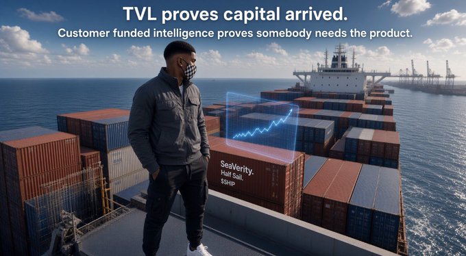 The image shows a man in a face mask standing on a cargo ship filled with containers, with a holographic upward-trending graph labeled "SeaVerity, Half Sail, $SHIP" displayed in front of him. Bold text at the top reads "TVL proves capital arrived. Customer funded intelligence proves somebody needs the product." The visual ties to the post by illustrating SeaVerity's "Half Sail" model on the $SHIP platform, with the rising graph symbolizing the generated yield and demand for Ethra Harbor's services.
