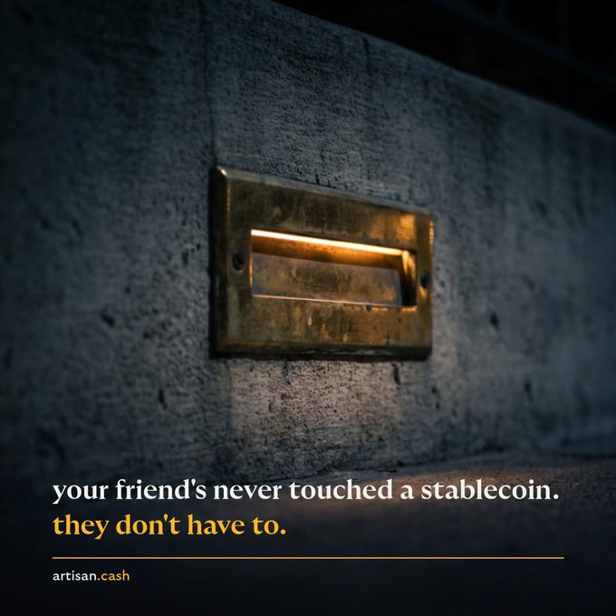 A weathered brass mail slot glows with warm light against a rough stone wall, with text reading "your friend's never touched a stablecoin. they don't have to." and "artisan.cash" below. The image evokes the simplicity of receiving physical mail to illustrate how seamlessly stablecoin payments can reach anyone, even those unfamiliar with crypto—just as the accompanying post emphasizes that no one needs a lesson when both Venmo and USDC simply work.