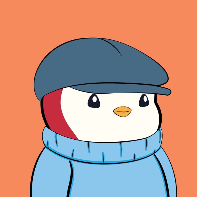 A cute cartoon illustration of a small white bird or penguin character wearing a blue cap and blue sweater against an orange background.