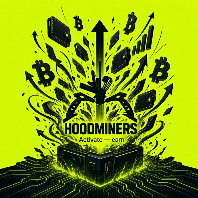 A neon green and black graphic design for "HOODMINERS" featuring the text "Activate — earn," with a central pickaxe motif surrounded by Bitcoin symbols, wallets, and upward-pointing arrows emerging from a digital cube.