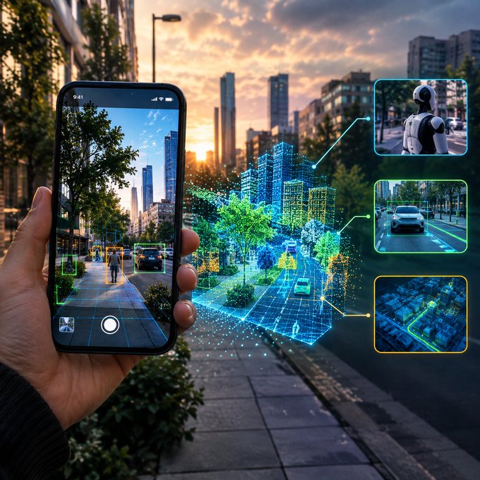 A hand holds a smartphone displaying a camera view of a city street at sunset, overlaid with futuristic digital graphics and AI recognition labels for a robot, a car, and a building.