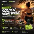 A promotional graphic for the STEPN "Green Hour Walk" event featuring a silhouette of a woman running against a fiery sunset, with details highlighting a 5 GMT entry, 2 #STEPN sneakers reward, and the hashtags #WalkToWinSTEPN and #STEPN, aligning with the user's post about the Moonlight Walk challenge.