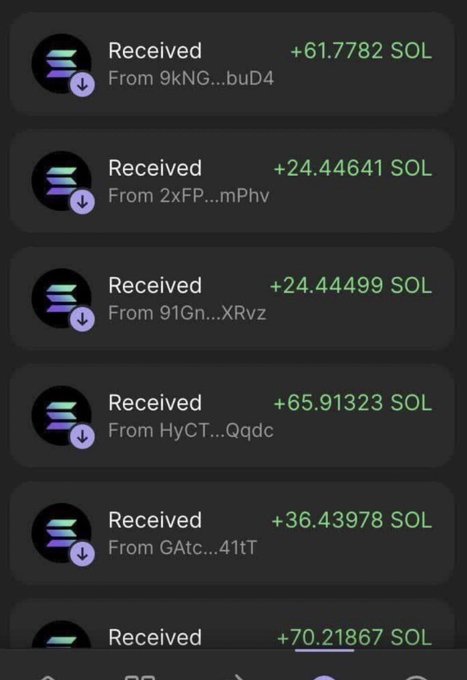 A screenshot showing multiple Solana (SOL) cryptocurrency received transactions in amounts ranging from 24.44 to 70.21 SOL from various senders.
