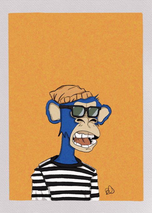 The image features a cartoon monkey wearing sunglasses and a striped shirt with a hat on its head. The monkey appears to be smiling, giving off an impression of being happy or content. The background color is orange, which contrasts nicely with the blue and black elements in the drawing. The caption below the image reads "Quick drawing of the best calves in the club @nftgerry".