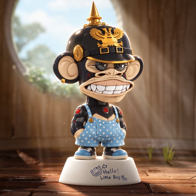 A designer collectible figurine featuring a monkey wearing a Prussian-style spiked Pickelhaube helmet with an eagle emblem, dressed in blue polka-dot overalls, displayed on a base that reads 'Hello! Little Bug'.