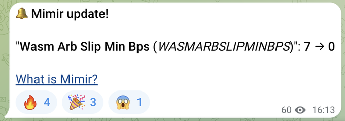 A notification from Mimir update announces the change of "WASMARBSLIPMINBPS" (Wasm Arb Slip Min Bps) from 7 to 0, related to THORChain nodes voting per ADR-031 to reduce price dislocations and improve arbitrage revenue alignment with Rujira Network.