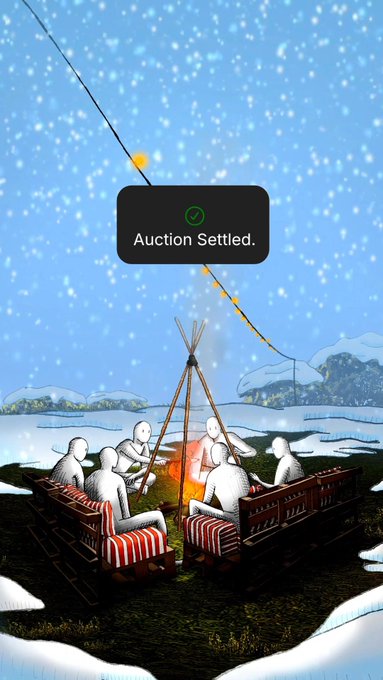 A digital illustration showing featureless figures sitting on couches around a campfire in a snowy landscape under a starry sky, with an overlay notification reading 'Auction Settled.'