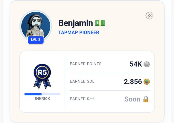 A user profile card for "Benjamin," a Tapmap Pioneer at Level 8, displays 54K earned points, 2.856 earned SOL, and a locked "Earned S***" reward, visually supporting their day 3 challenge update sharing a 2.856 SOL winnings milestone.