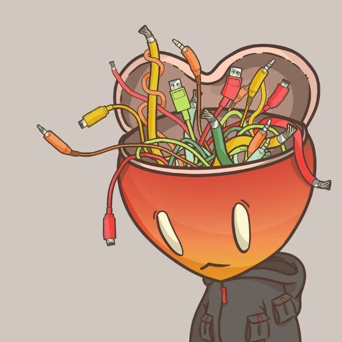 A cartoon illustration of a heart-headed figure in a hoodie with an open head revealing a tangled mess of colorful cables (USB, HDMI, audio jacks) inside instead of a brain, suggesting a tangled mind or overloaded tech anxiety.