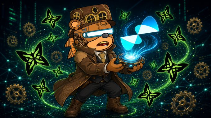 An illustration of a steampunk-style teddy bear character wearing goggles and a top hat, holding a glowing blue device emitting energy, with green butterflies and gears in the background.