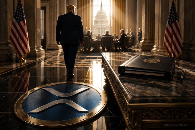 A suited figure walks through a grand columned hall flanked by American flags toward a meeting table, with the U.S. Capitol visible in the background. In the foreground, a marble desk displays an embossed official seal and a prominent XRP (Ripple) logo medallion, visually linking the political meeting to the cryptocurrency's interest in the CLARITY Act. The watermark "@TheCryptoSquire" appears in the lower right corner.
