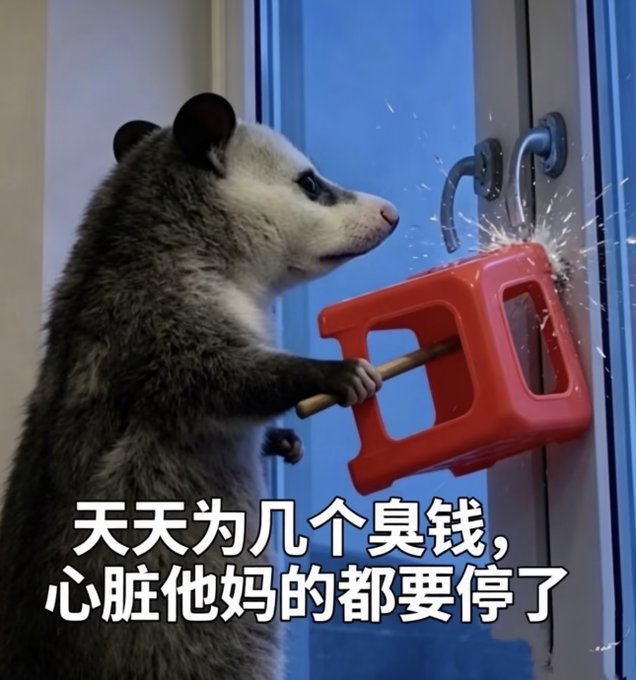 A meme image of an opossum wielding a red toolbox/hammer near a door, with Chinese text: '天天为几个臭钱，心脏他妈的都要停了' (roughly: 'Stressing over a few bucks every day, my heart is about to stop').