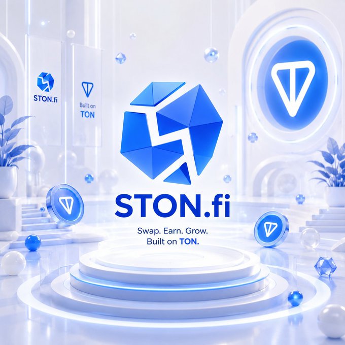 Promotional graphic for STON.fi, a decentralized exchange on the TON blockchain, with text reading 'Swap. Earn. Grow. Built on TON.'