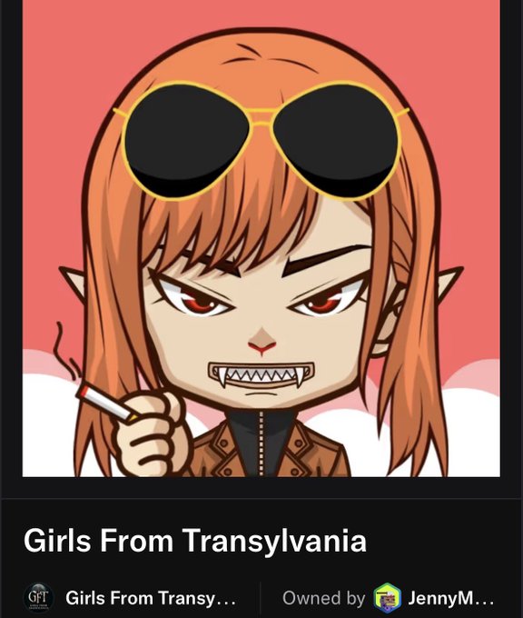 An anime-style character with pointed ears, orange hair, sunglasses, and braces holds a cigarette; the caption reads “Girls From Transylvania,” with “Girls From Transy…” and “Owned by JennyM…” visible below.
