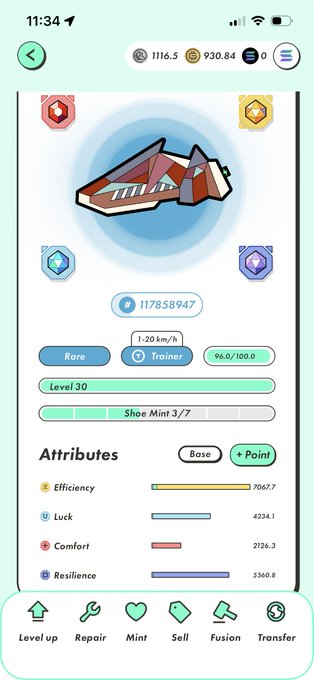 The image shows an iPhone screen displaying a game app with a cartoon character, likely from Pokémon Go, as its main focus. The app has several options for players to choose from, including "Shows", "Levels", and "Transactions". There is also a description of the game's attributes such as "Effort", "Power", and "Loss". The post about the game seems to be promoting the game or sharing personal experiences with it.