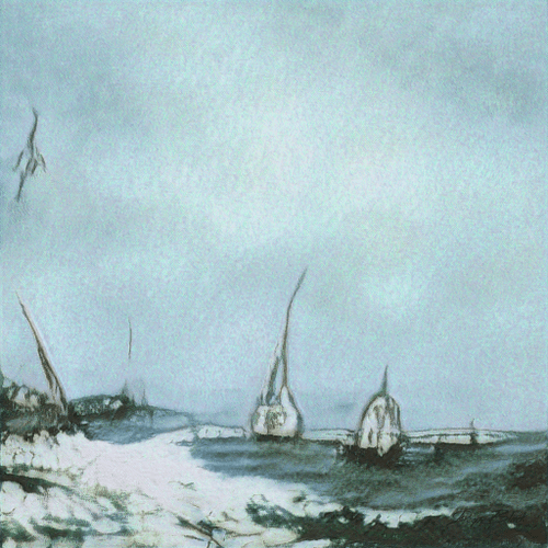 An impressionistic painting in muted blue and green tones depicting sailboats on a misty sea or shoreline.
