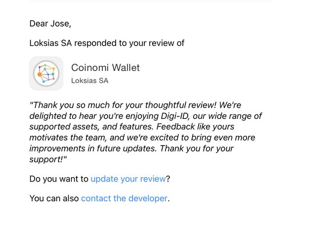 A screenshot of an email notification from Loksias SA, the developer of Coinomi Wallet, thanking "Jose" for a thoughtful review of the app, mentioning Digi-ID and features. The image supports the post's request for users to leave 5-star reviews and ratings, showing the responsive, appreciative communication from the Coinomi Wallet team toward its reviewers.