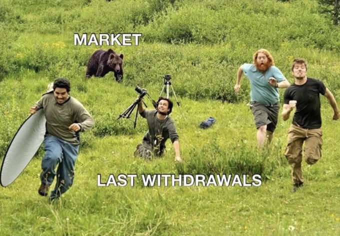 A meme featuring four men running from a bear in a grassy field, with text labeling the bear as "MARKET" and the men as "LAST WITHDRAWALS".