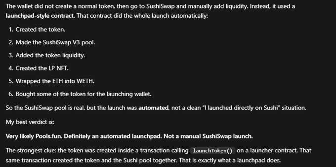 A text snippet explaining that a wallet did not create a normal token on SushiSwap but used a launchpad-style contract called `launchToken()` to automate token creation, pool creation, liquidity addition, LP NFT creation, WETH wrapping, and initial token purchase, concluding the project is 'Very likely Pools.fun'.
