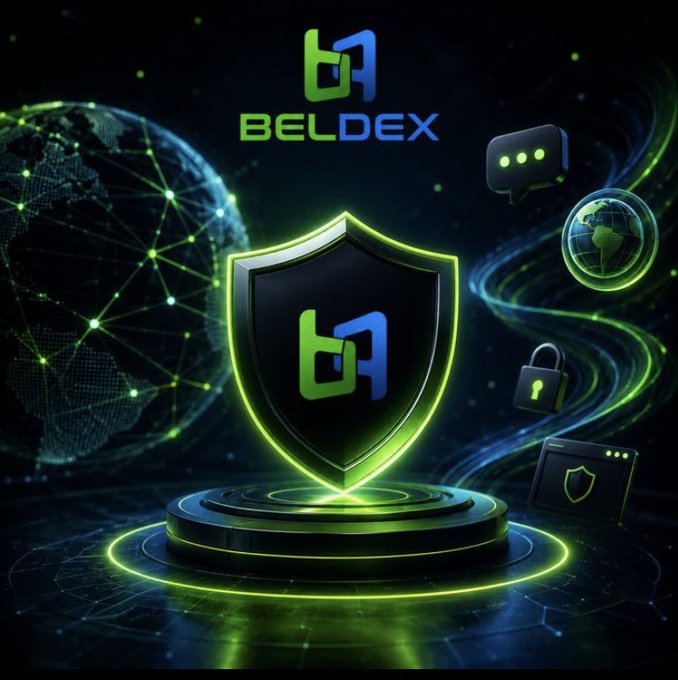 Beldex branding displayed on a glowing neon shield and podium, with a globe, lock, and chat icons against a dark tech-themed background.