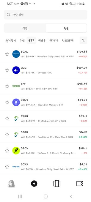 A screenshot of the SKT stock trading app in Korean showing various ETFs with tickers SOXL, QQQ, SPY, DRAM, TQQQ, SQQQ, SGOV, and SOXS, displaying prices and percentage changes.