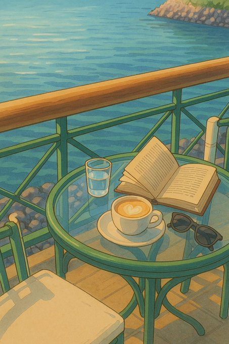 An illustrated scene of a café table by the sea with a cappuccino featuring latte art, an open book, sunglasses, and a glass of water, with a suitcase visible in the foreground.