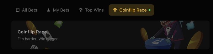 A navigation bar from Ferdy.bet showing tabs for "All Bets," "My Bets," "Top Wins," and a highlighted "Coinflip Race" tab, with a promotional banner below reading "Coinflip Race - Flip harder. Win bigger," featuring an illustrated character tossing a coin amid scattered dice and coins. The image visually promotes the Coinflip Race betting competition referenced in the accompanying post about Phase 2 and top bettor rewards.