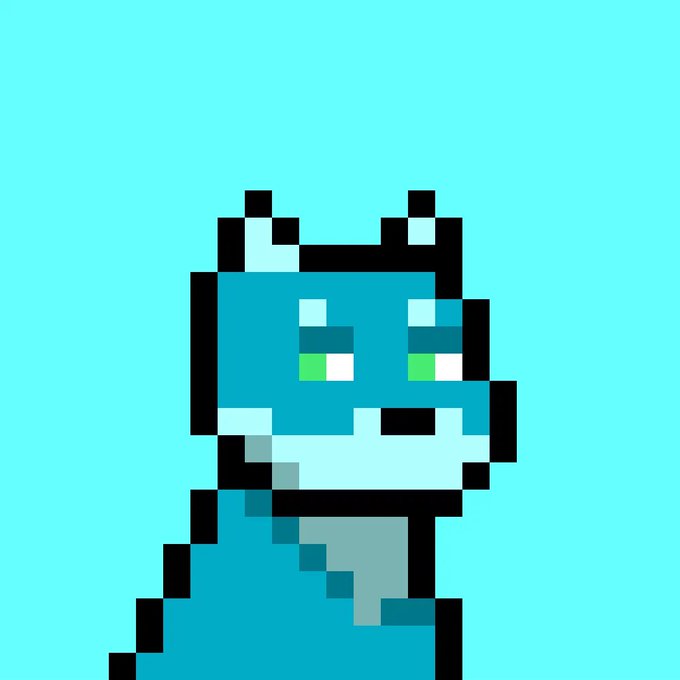 A pixel art rendering of a teal and white cat-like creature with green eyes, outlined in black, set against a solid teal background.