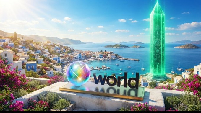 A vibrant Mediterranean coastal scene featuring white-washed buildings, a harbor, and a glowing green obelisk, with the word 'world' displayed on a sign alongside a colorful sphere in the foreground.