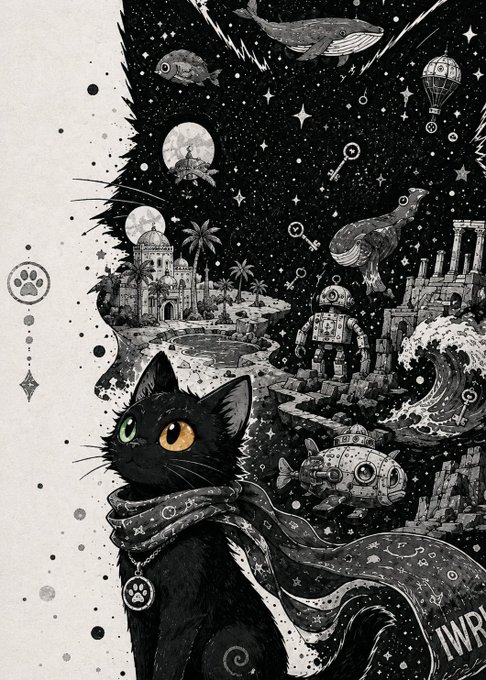 A black-and-white illustration of a black cat with heterochromia (one green eye, one yellow eye) wearing a starry scarf with a paw-print pendant, set against a cosmic backdrop filled with whales, a whale-shaped airship, a moon, a domed palace, robots, and ruins.