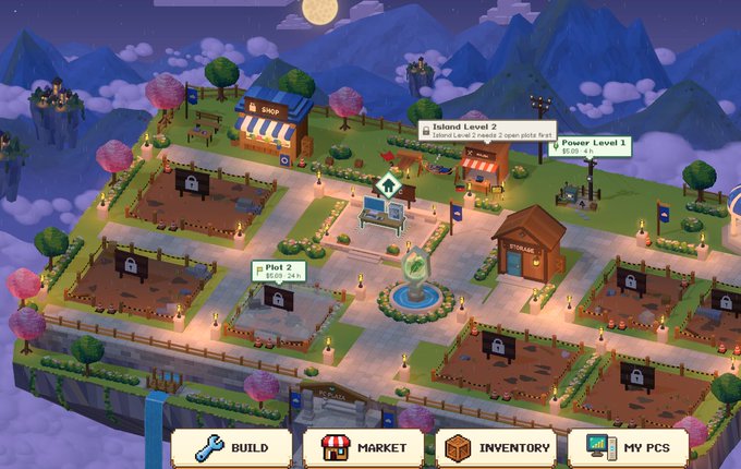 A screenshot from an isometric island-building mobile game showing plots, a shop, storage, and UI buttons for Build, Market, Inventory, and My PCs.