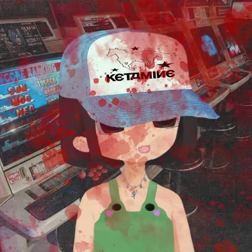 A digital illustration of an anime-style character wearing a cap that says "KETAMINE" in a gritty, blood-splattered arcade setting.