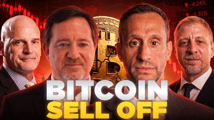 The image shows a four-panel advertisement that promotes Bitcoin as an investment opportunity, with three men wearing suits appearing on each panel. The man on the left panel is balding and smiling, the middle man has a beard and appears serious, while the third man on the right panel also looks serious. In the center of all these panels, there's a gold Bitcoin price chart showing that its value is currently below $72K. This visual representation highlights how Bitcoin has crashed below this amount in recent times. The text above the image reads "Bitcoin CRASHES Below $72K As Saylor SELLS Bitcoin! Let'...".