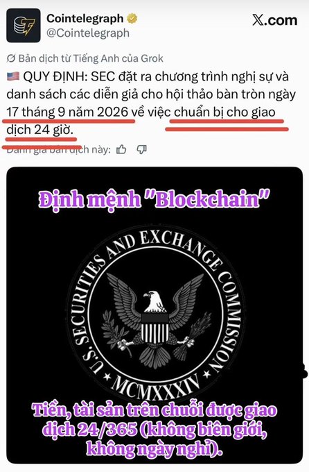 A Cointelegraph post reports that the SEC has set the agenda and speaker list for a roundtable workshop scheduled for September 17, 2026, focused on preparing for 24-hour trading. Below the news, an image displays the SEC seal with Vietnamese captions translating to "Blockchain 'Fate'" and "Money and assets on the chain will be traded 24/365 (without borders, without holidays)."