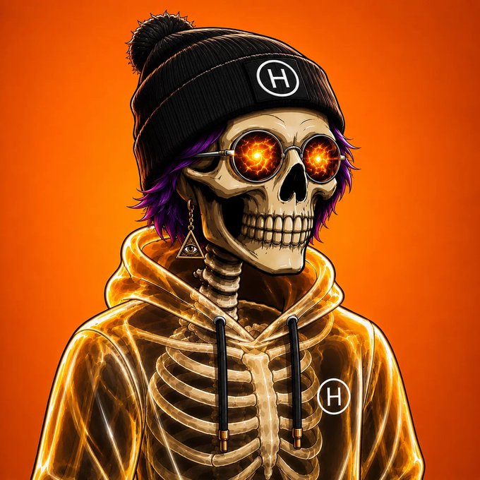 An illustration of a skeleton wearing a black beanie with an 'H' logo, glowing fiery orange sunglasses, a gold hoodie, and purple hair against an orange background.