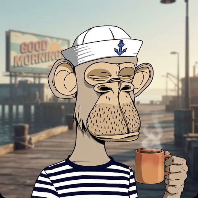 A cartoon monkey wearing a sailor hat with an anchor and a striped shirt, holding a steaming mug of coffee on a pier with a 'GOOD MORNING' billboard in the background.