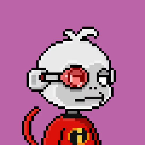 A pixel art illustration of a grey-skinned character with a red nose and spiky hair, wearing a red shirt against a solid purple background.