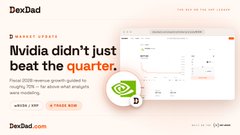 This image is an advertisement for DexBad, a crypto market update platform, featuring a "Market Update" headline stating "Nvidia didn't just beat the quarter, it crushed it!" with Nvidia Q4 earnings details of $39.3B revenue and a 78% projected stock return. The accompanying post about XRP Ledger tokenization has no direct visual connection to the Nvidia-focused ad content shown.