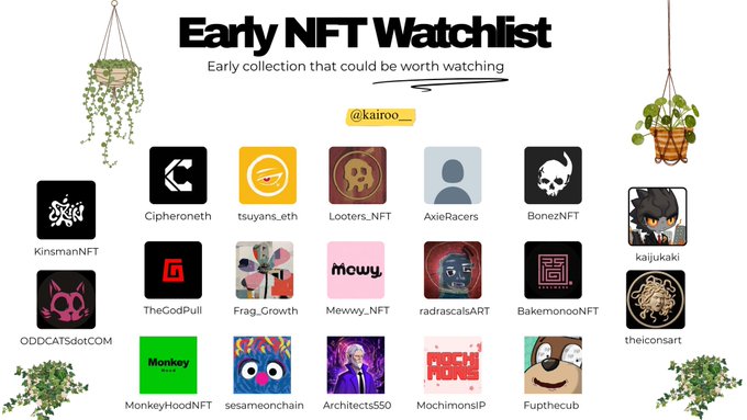 An 'Early NFT Watchlist' infographic by @kairoo featuring various NFT collection thumbnails including Cipheroneth, tsuyans_eth, Looters_NFT, AxieRacers, BonezNFT, KinsmanNFT, TheGodPull, Frag_Growth, Mewwy_NFT, and others, decorated with hanging plant illustrations.