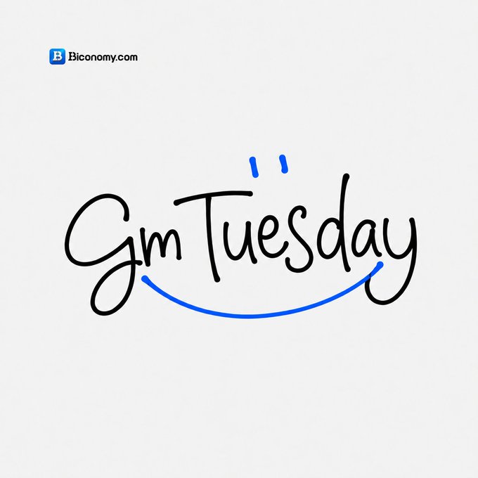 A cheerful graphic featuring the handwritten cursive text "Gm Tuesday" with a smiling face incorporated into the lettering, accented by small blue quotation marks above the "T" on a light gray background. The Biconomy.com logo appears in the top left corner, complementing the post's uplifting #GM #Tuesday greeting.