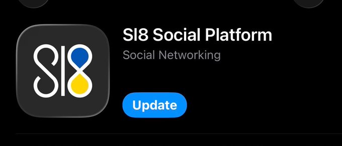 An app store listing shows the 'S18 Social Platform' app by 'Social Networking' with an Update button, featuring a logo with intertwined blue and yellow shapes.