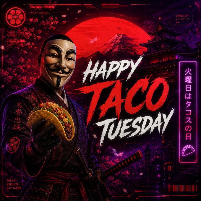 A stylized promotional poster reading 'HAPPY TACO TUESDAY' featuring a figure in samurai attire wearing a Guy Fawkes mask, holding a taco, with Mt. Fuji and Japanese characters in the background.