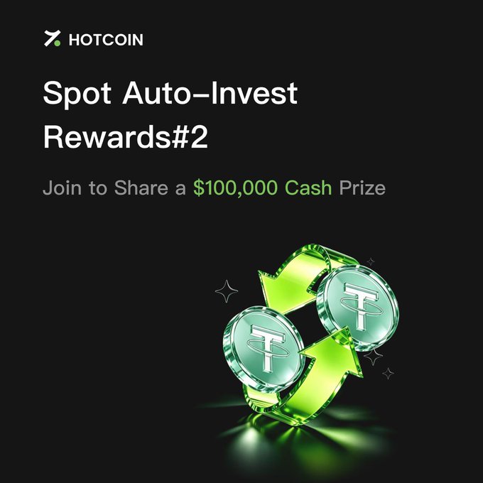 The image features an advertisement for a Spot Auto-Invest Rewards platform. The main focus of the ad is two green coins, one silver and one green, that are placed against a black background with arrows pointing towards them. Above these coins, there's text in white about an exciting opportunity to join Spot Auto-Invest rewards. 

The post emphasizes the potential for earning rewards if participants meet certain criteria by investing a specific amount, typically $100,000 or more. The caption at the bottom of the image states that this feature is currently live and encourages users to participate. The advertisement successfully captures attention with its colorful graphics, clear messaging, and appealing offer.