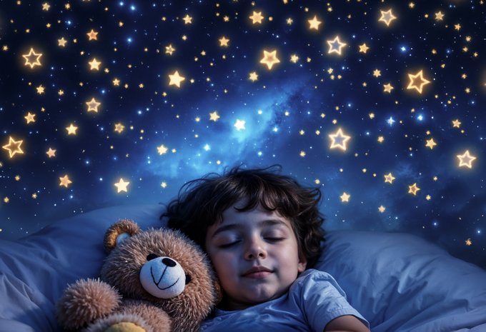 An illustration of a child sleeping peacefully with a teddy bear under a magical starry night sky with glowing stars.