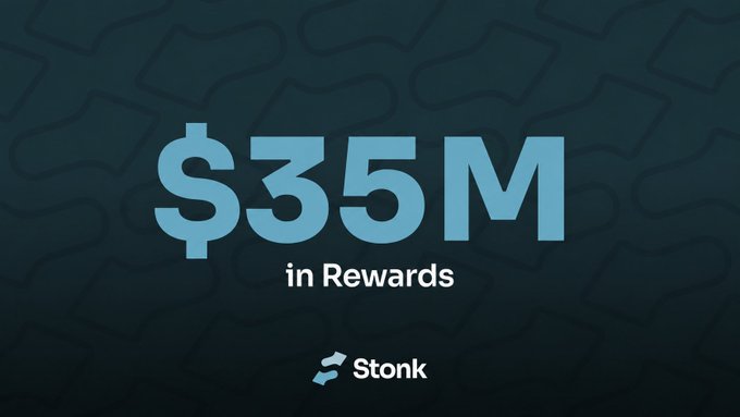 The image displays a bold "$35M in Rewards" announcement with the Stonk logo, visually emphasizing the milestone of over $35 million in rewards distributed to StonkFun ecosystem holders. The dark teal background with subtle decorative shapes complements the achievement message.