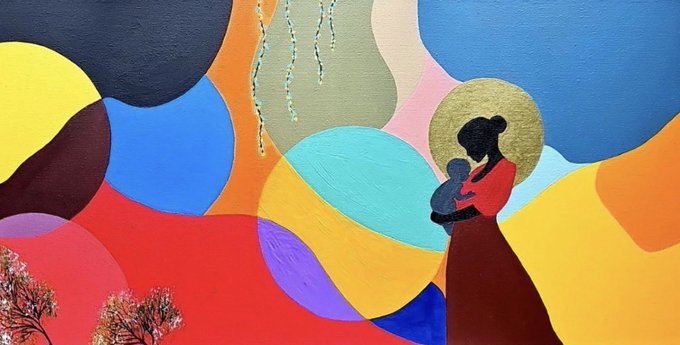 A colorful abstract painting features a silhouette of a mother holding a child, surrounded by vibrant flowing shapes in blue, red, yellow, and orange.