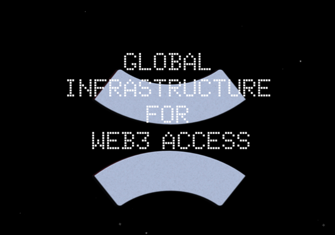 A pixelated retro-style graphic displays the text 'GLOBAL INFRASTRUCTURE FOR WEB3 ACCESS' against a black background, accompanied by abstract light blue curved shapes.