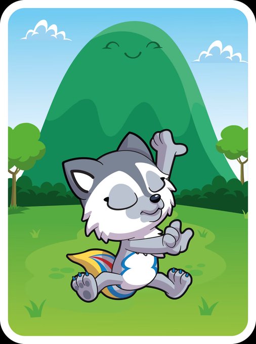A cartoon illustration of a husky dog in a diaper running joyfully through a green field with a smiling mountain in the background.