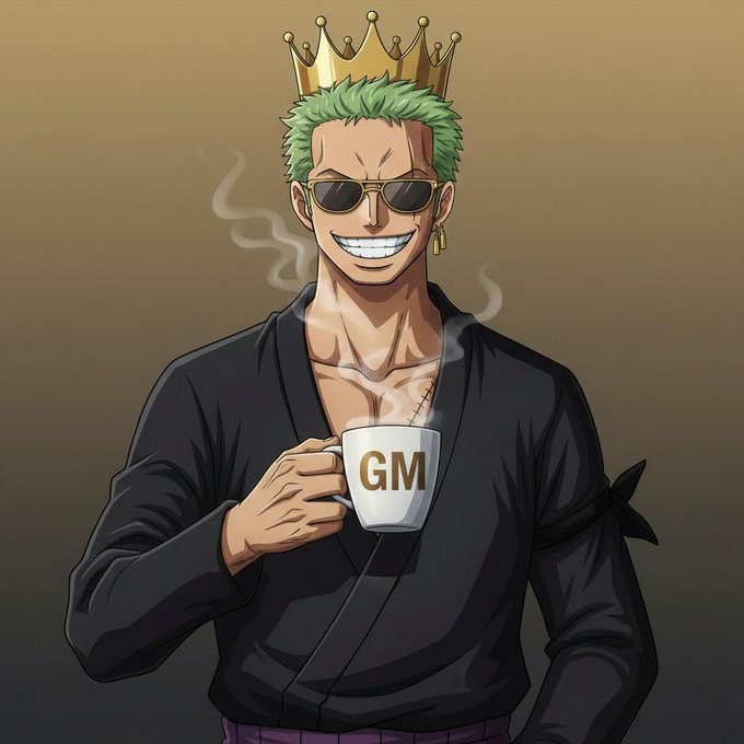 The image features a cartoon character, likely from the TV show "Wall Chain", wearing sunglasses and holding a cup of coffee while standing against a brown background. The caption below the image reads "GM Good Morning! Have a sunshine day @wallchain". This suggests that the character is promoting a brand or product in a lighthearted manner, possibly as part of an advertisement campaign for GM.